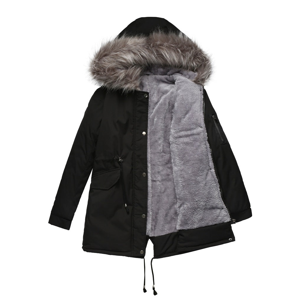 Big Fur Collar Mid Length Hooded Fleece Overcoat Parkas