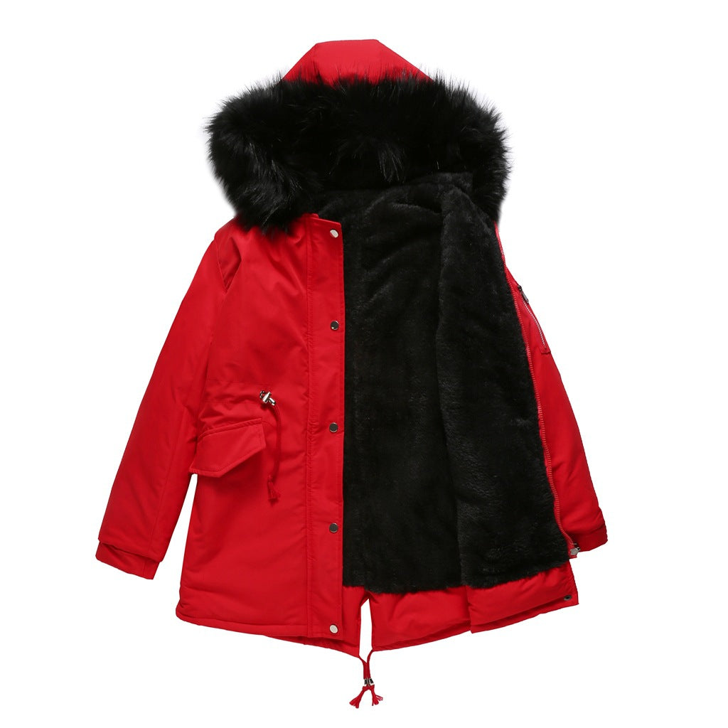 Big Fur Collar Mid Length Hooded Fleece Overcoat Parkas