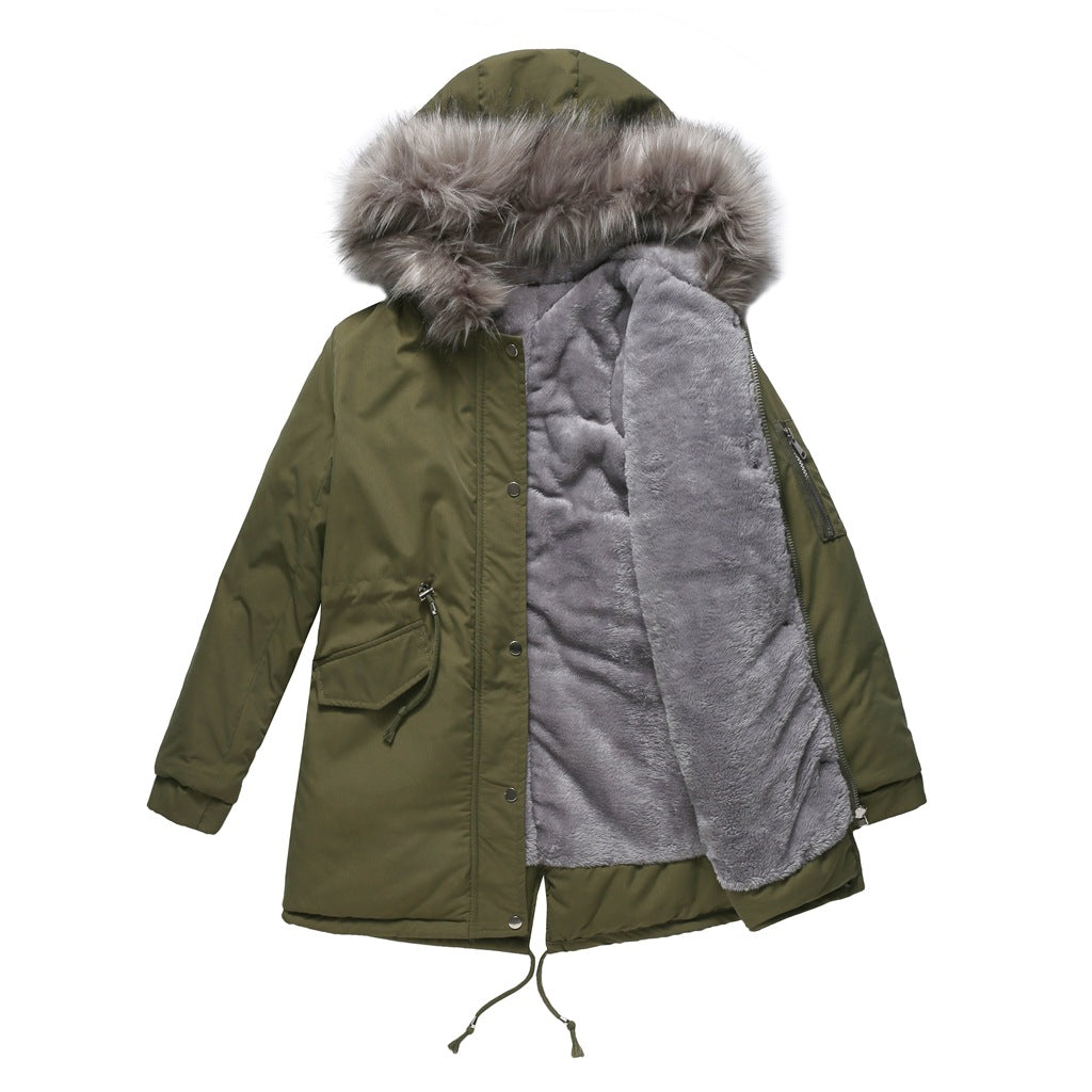 Big Fur Collar Mid Length Hooded Fleece Overcoat Parkas