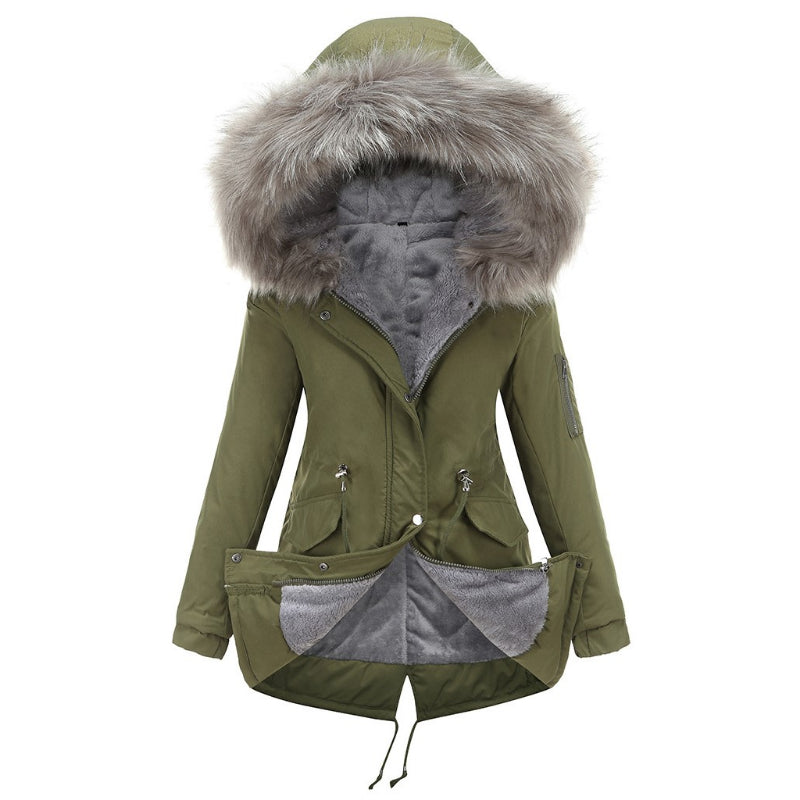 Big Fur Collar Mid Length Hooded Fleece Overcoat Parkas