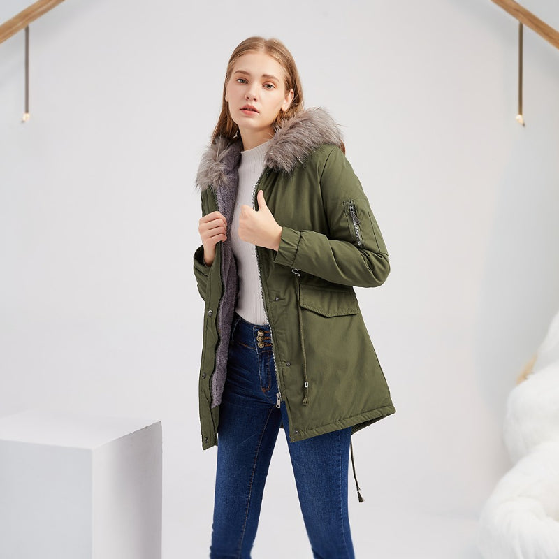 Big Fur Collar Mid Length Hooded Fleece Overcoat Parkas