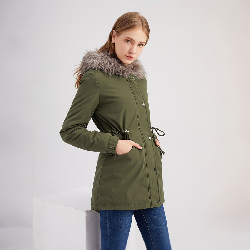 Big Fur Collar Mid Length Hooded Fleece Overcoat Parkas