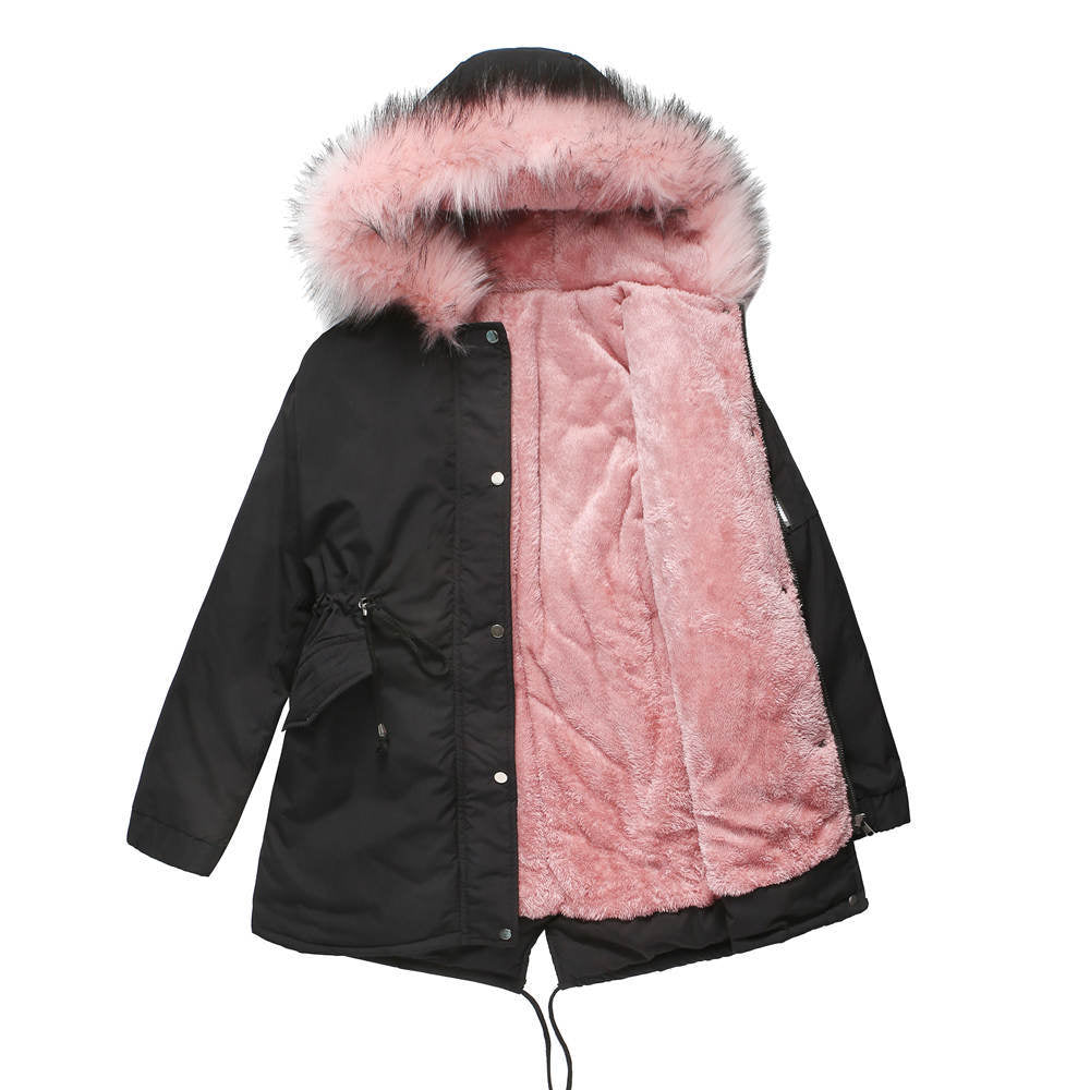 Big Fur Collar Mid Length Hooded Fleece Overcoat Parkas
