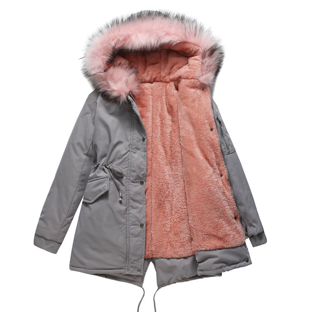 Big Fur Collar Mid Length Hooded Fleece Overcoat Parkas