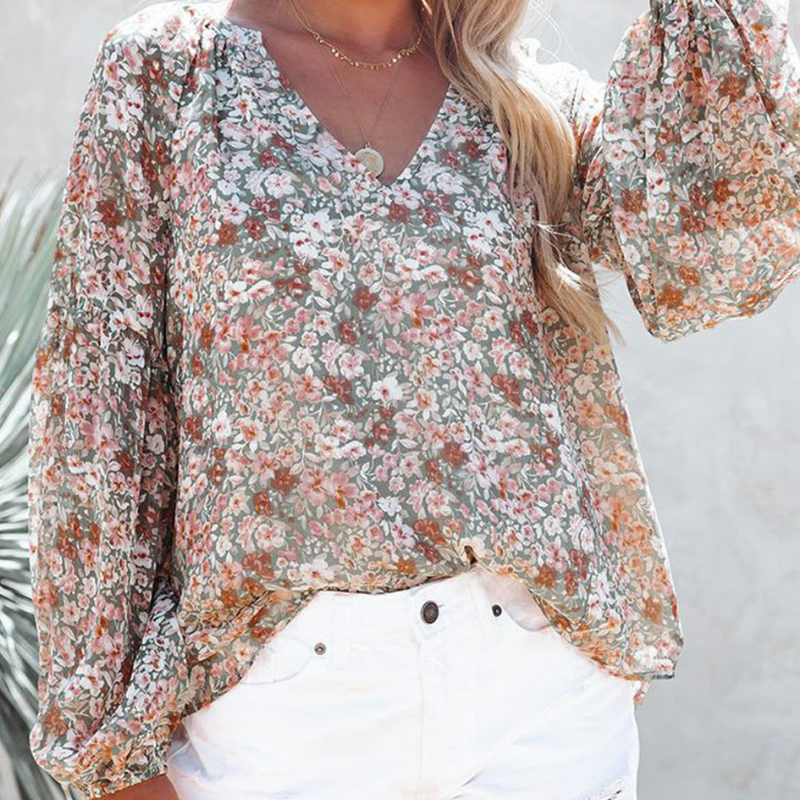 Chemise boutonnée à manches lanternes et imprimé floral