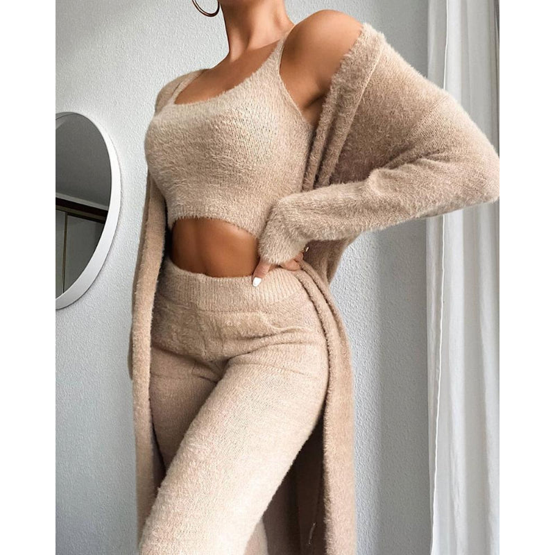 3 Pieces Fluffy Plain Crop Top And Pant Cozy Suit Sets