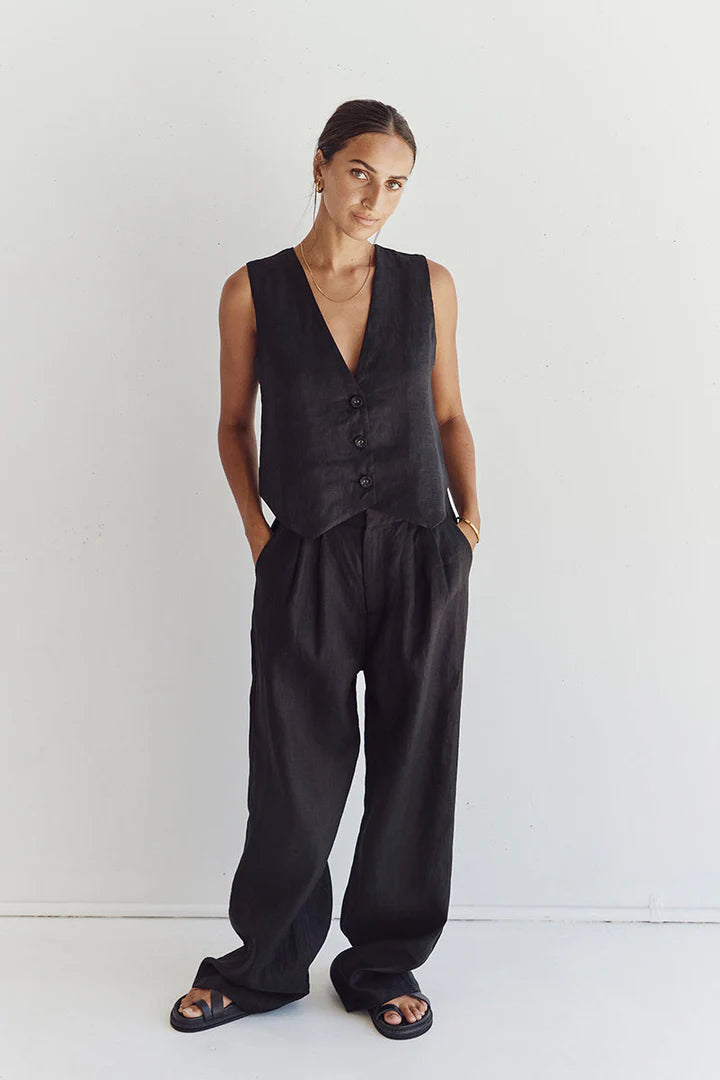 Ensemble pantalon gilet en lin sans manches