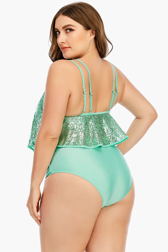 Radiant Green Glitter Two Piece Tankini Plus Size Swimsuit