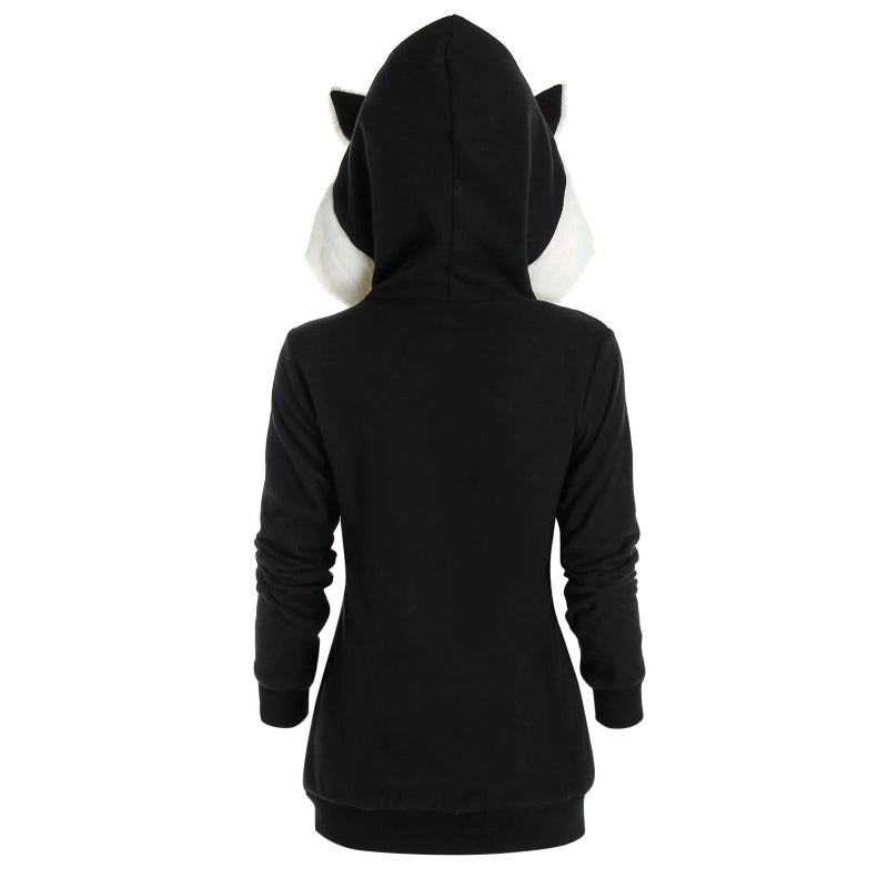 Casual Cat Pattern Plush Zipper Sweater Hoodie