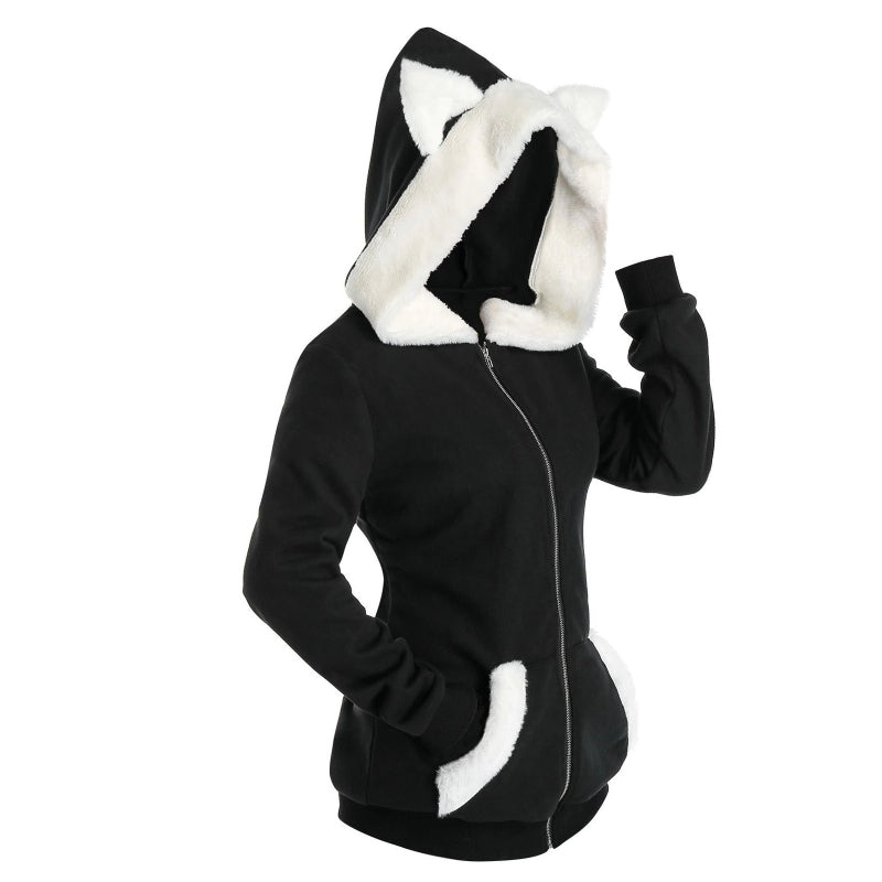 Casual Cat Pattern Plush Zipper Sweater Hoodie
