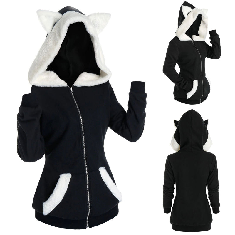 Casual Cat Pattern Plush Zipper Sweater Hoodie