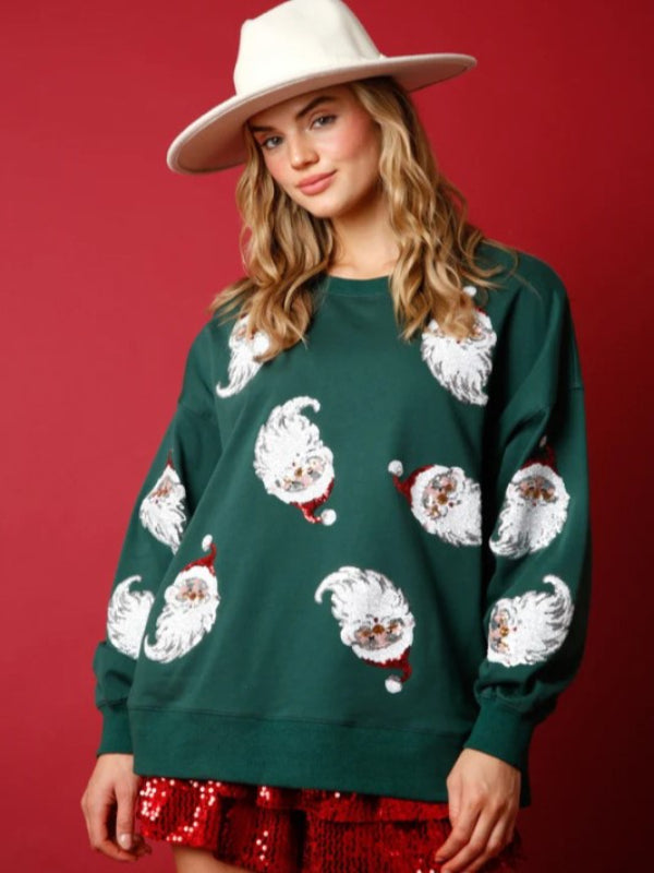 Christmas Santa Printed Sequined Sweatshirt