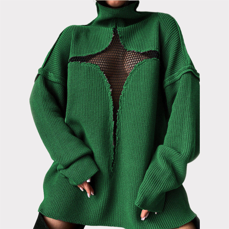 Hollow Out Mesh Knitted Loose Pullover Patchwork Sweater