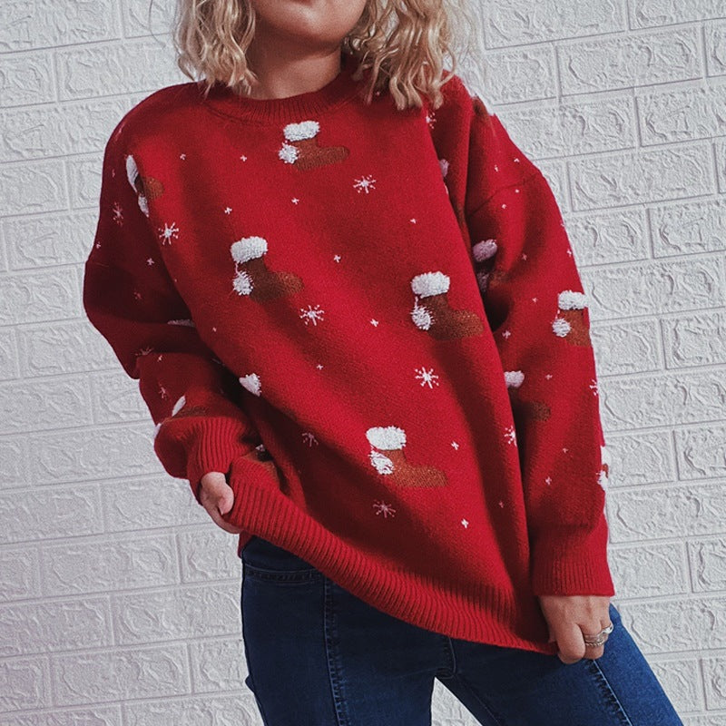 Weihnachtlich verdickter Socken-Jacquard-Strickpullover