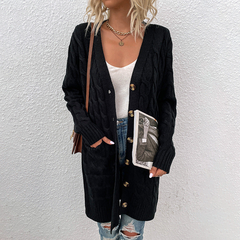 Casual Long Cable Knitted With Pockets Cardigan
