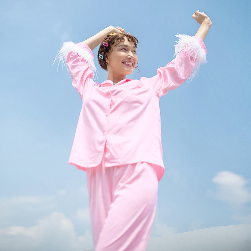 Artificial Silk Ostrich Feather Pajamas Set