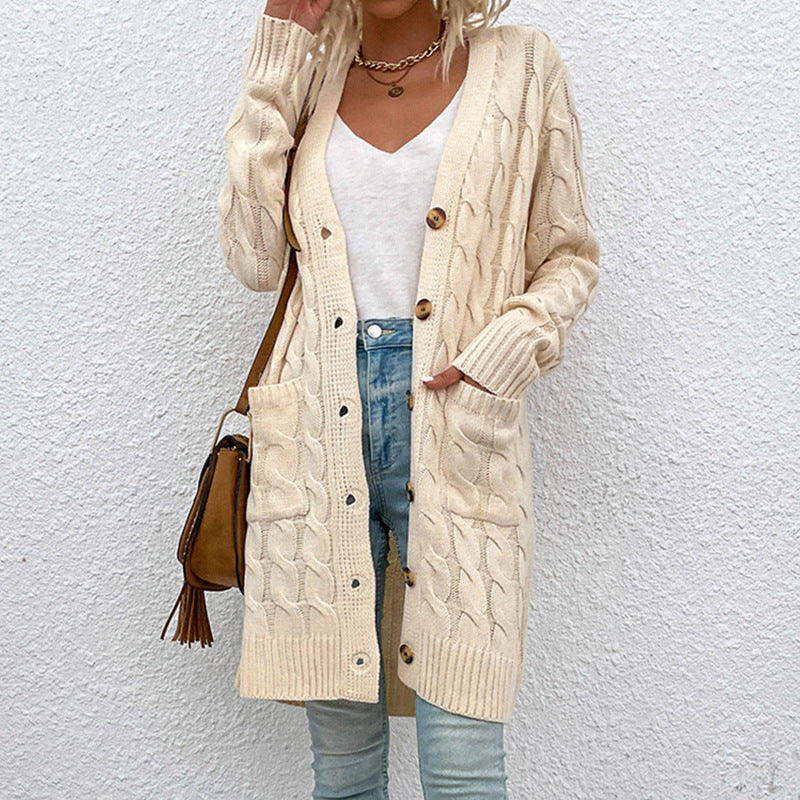 Casual Long Cable Knitted With Pockets Cardigan