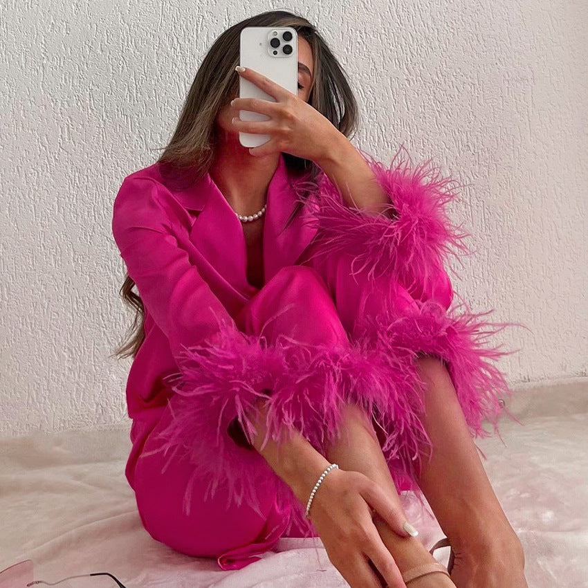 Artificial Silk Ostrich Feather Pajamas Set