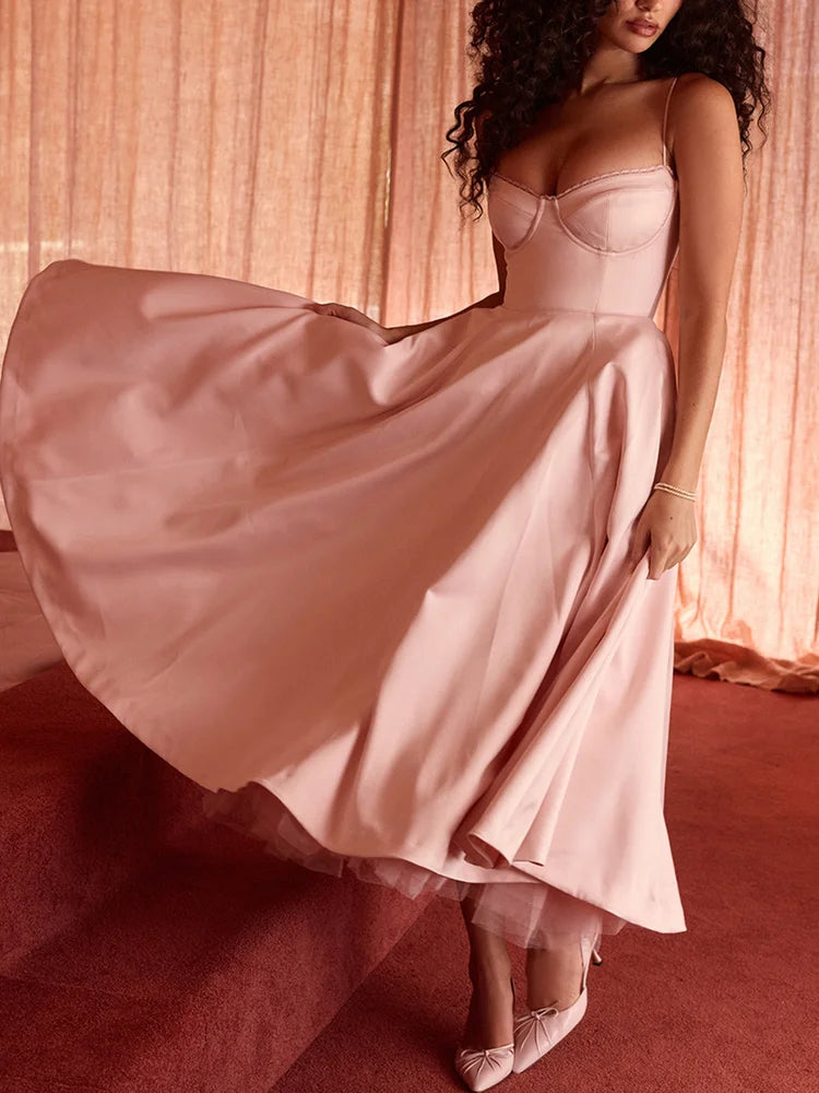 Sweetheart Neckline Cinched Waist A Line Midi Dress