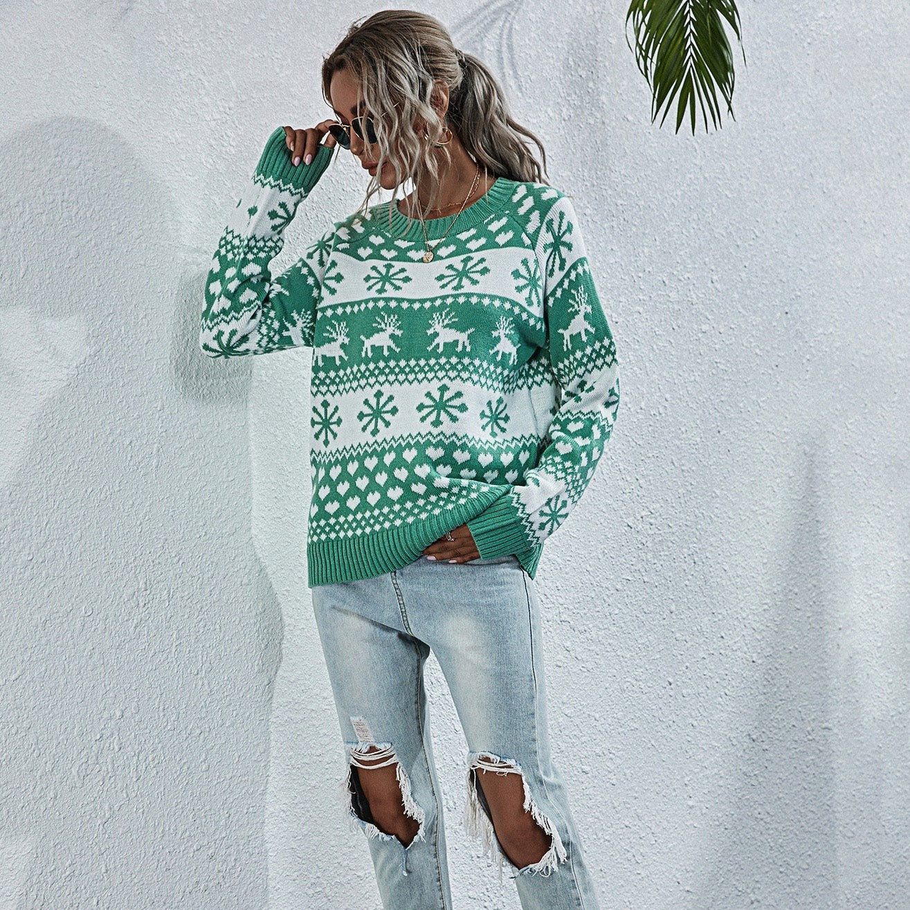 Weihnachts-Schneeflocken-Elch-Strickpullover