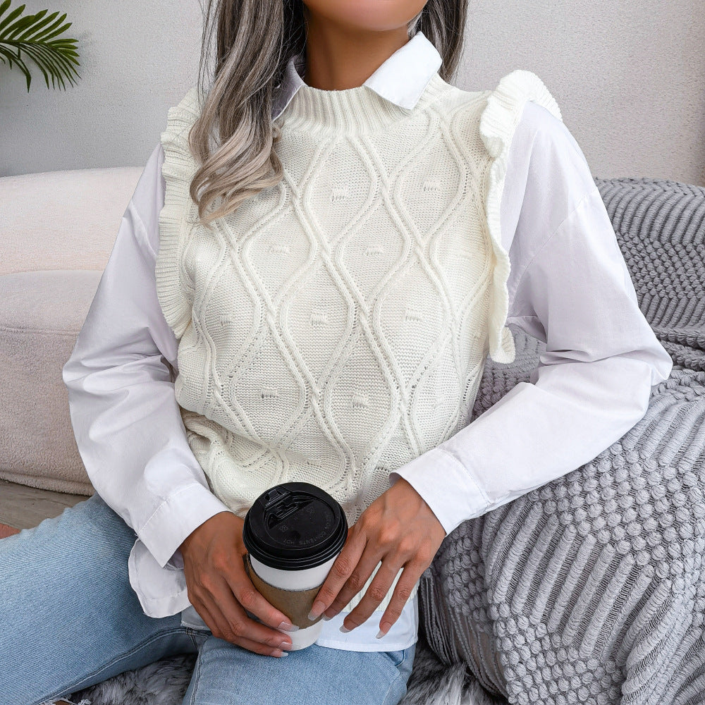 Winter Elegant Diamond Knitted Ruffle Sweater Vest