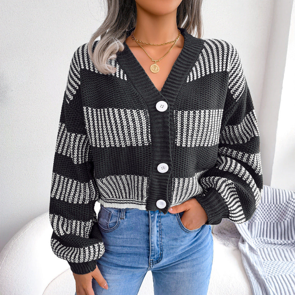 Elegant Lantern Sleeve Striped Sweater Cardigan