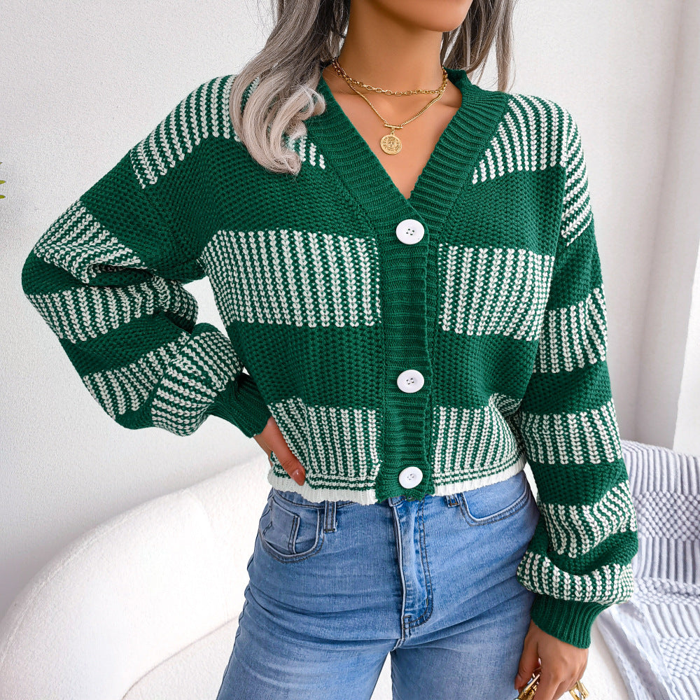 Elegant Lantern Sleeve Striped Sweater Cardigan