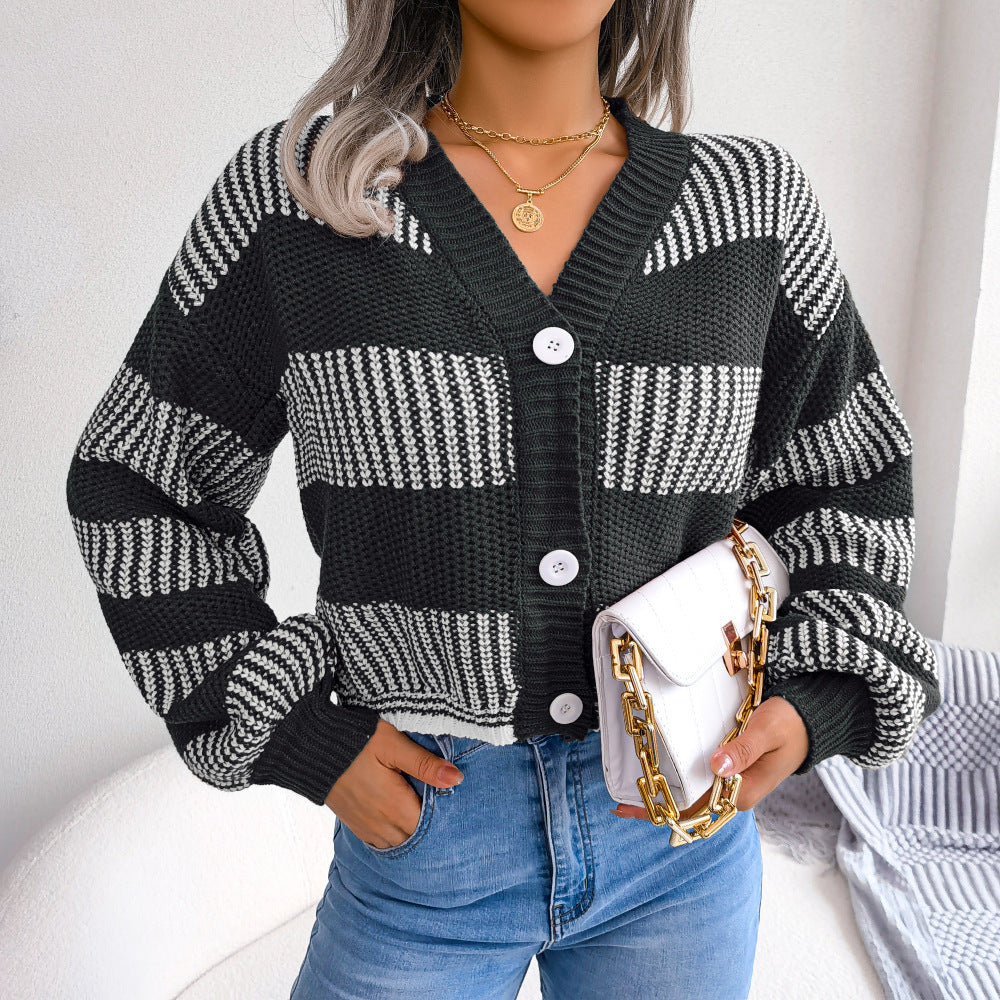 Elegant Lantern Sleeve Striped Sweater Cardigan