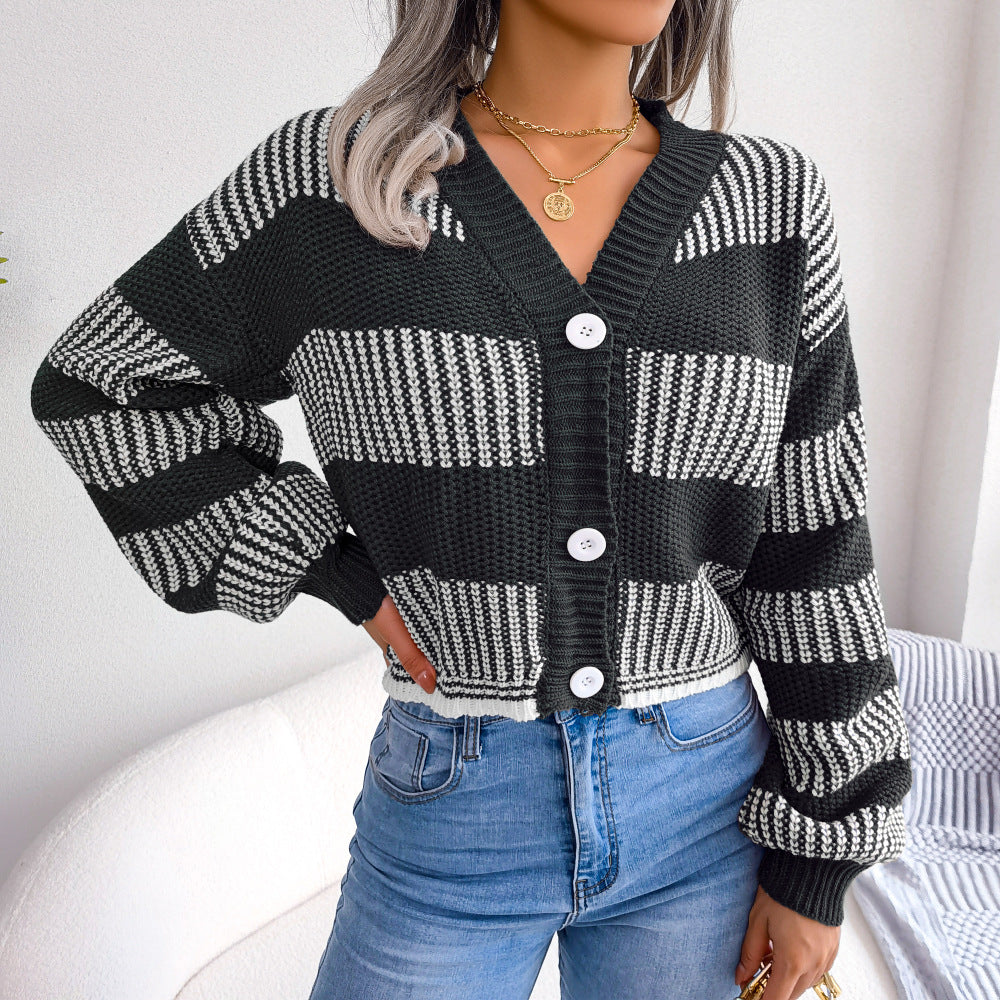 Elegant Lantern Sleeve Striped Sweater Cardigan