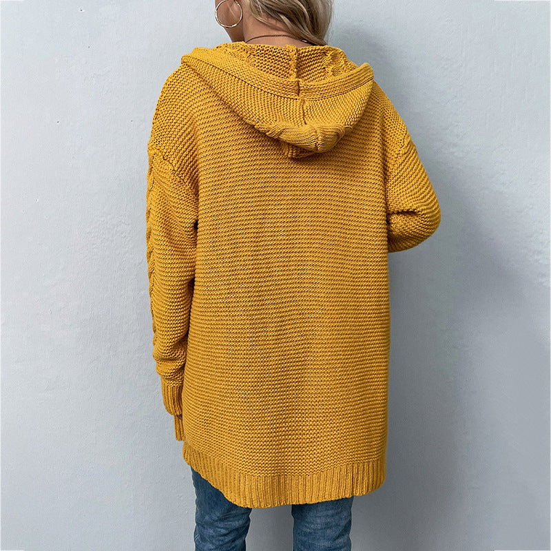 Casual Hooded Twist Pattern Knitwear Cardigan