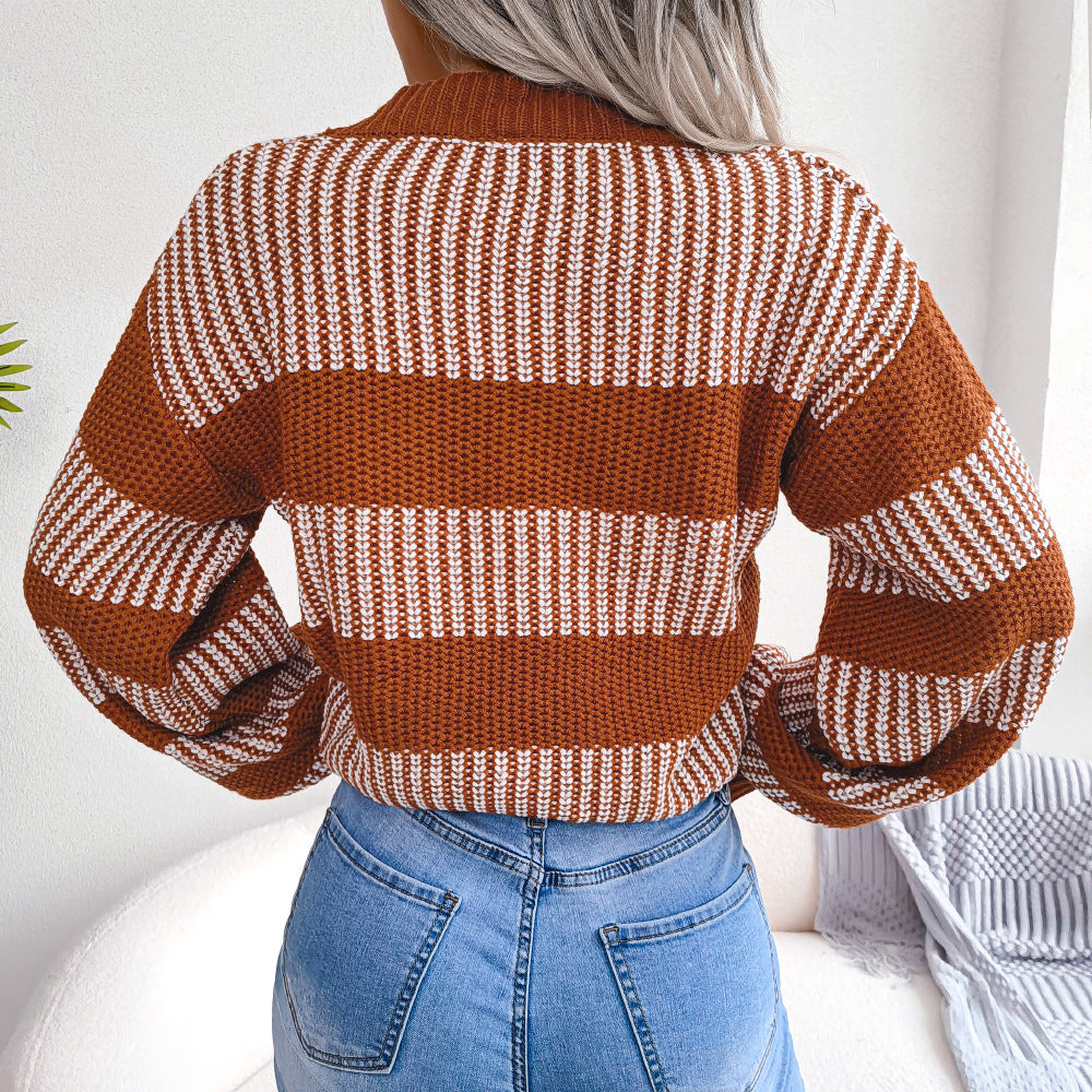Elegant Lantern Sleeve Striped Sweater Cardigan