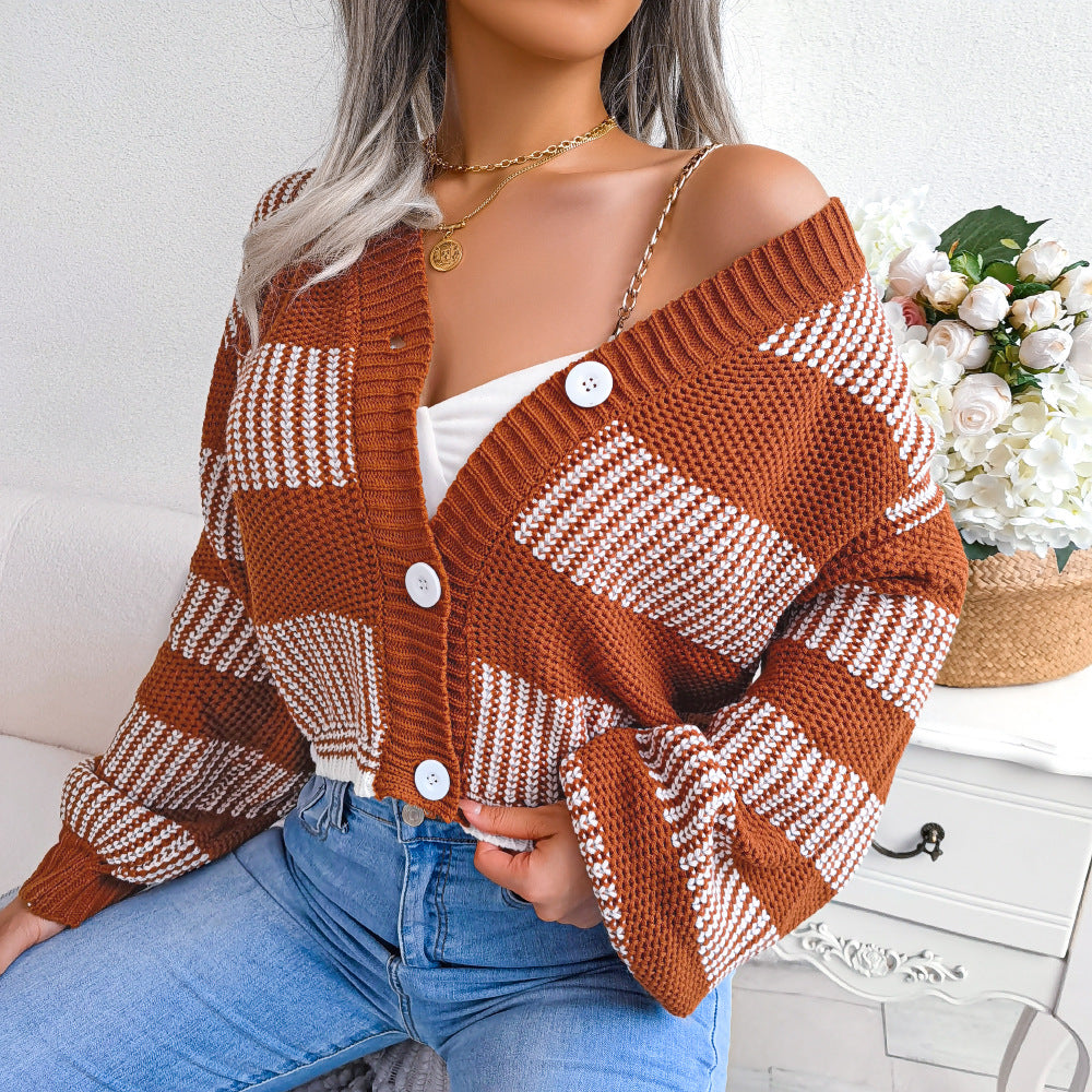 Elegant Lantern Sleeve Striped Sweater Cardigan