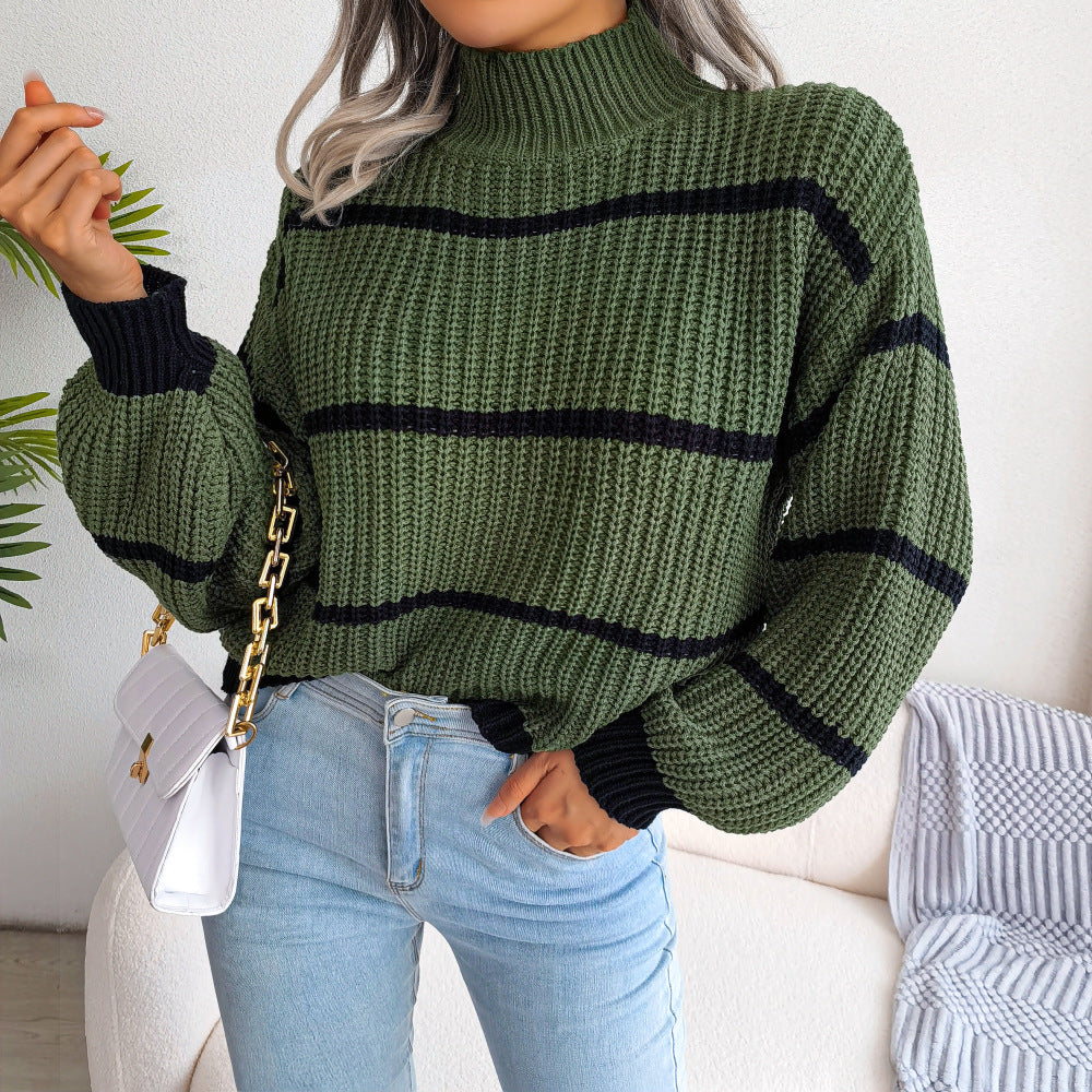 Casual Striped Lantern Sleeve Knitted Sweater