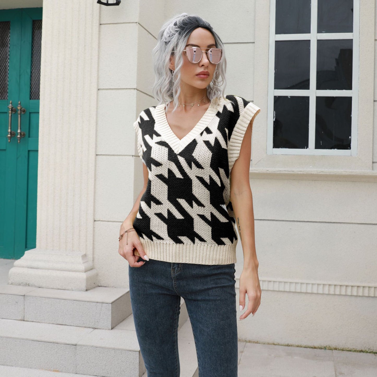 Casual Houndstooth Pattern Sweater Vest