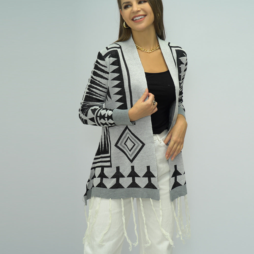 Winter Diamond Plaid Tassel Knitted Cardigan Sweater