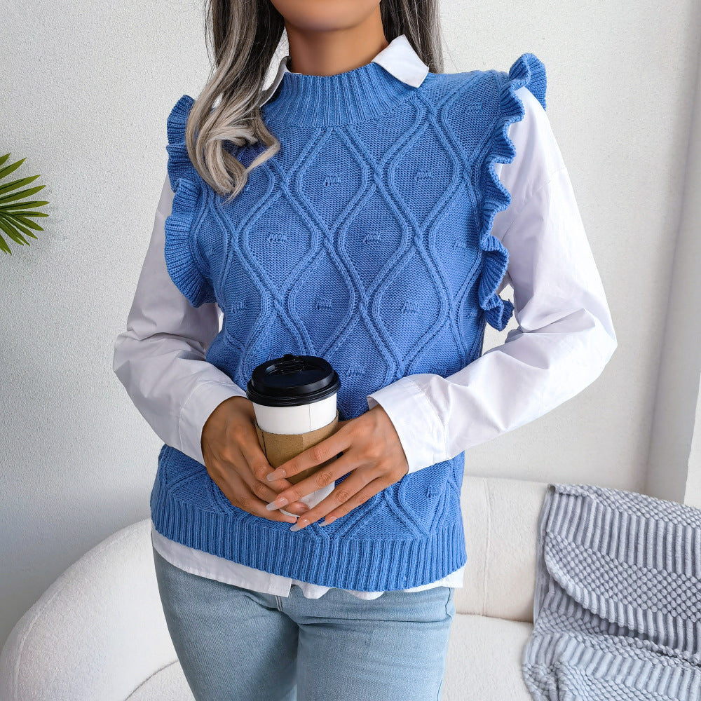 Winter Elegant Diamond Knitted Ruffle Sweater Vest