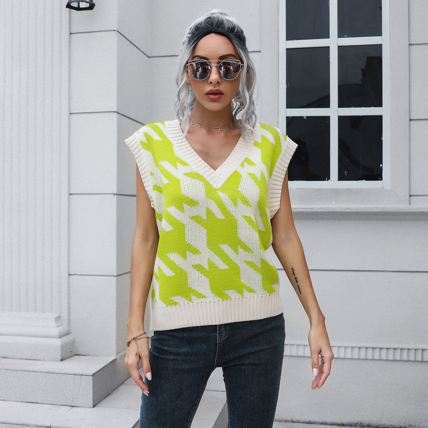 Casual Houndstooth Pattern Sweater Vest