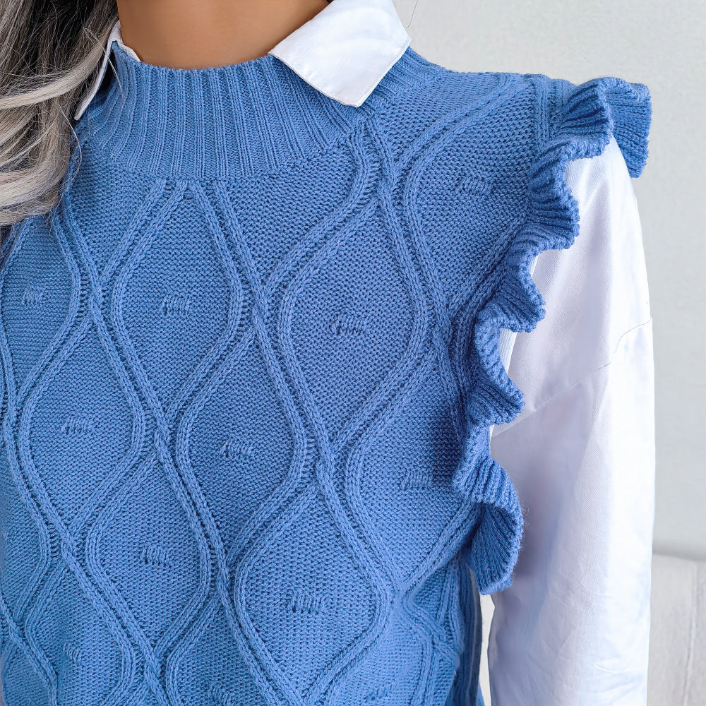 Winter Elegant Diamond Knitted Ruffle Sweater Vest