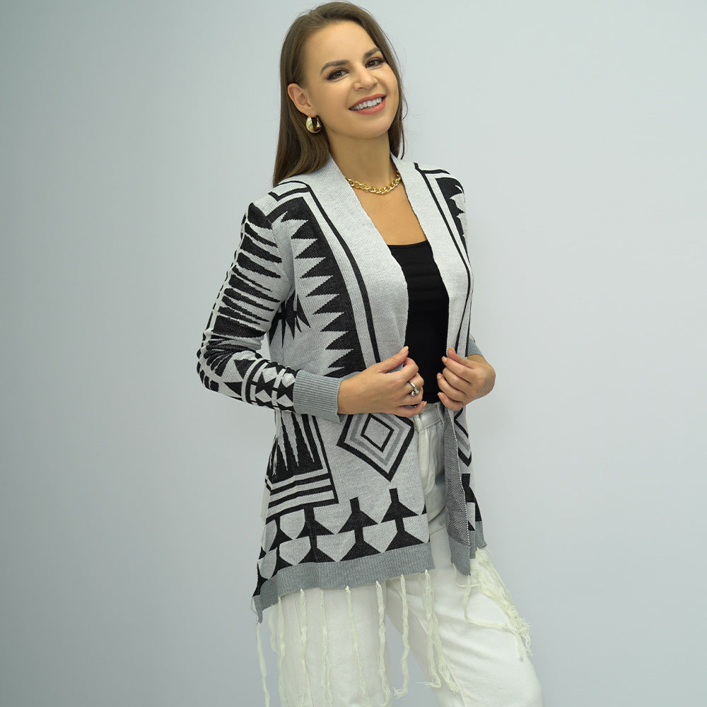 Pull cardigan tricoté à pompon à carreaux de diamant d'hiver