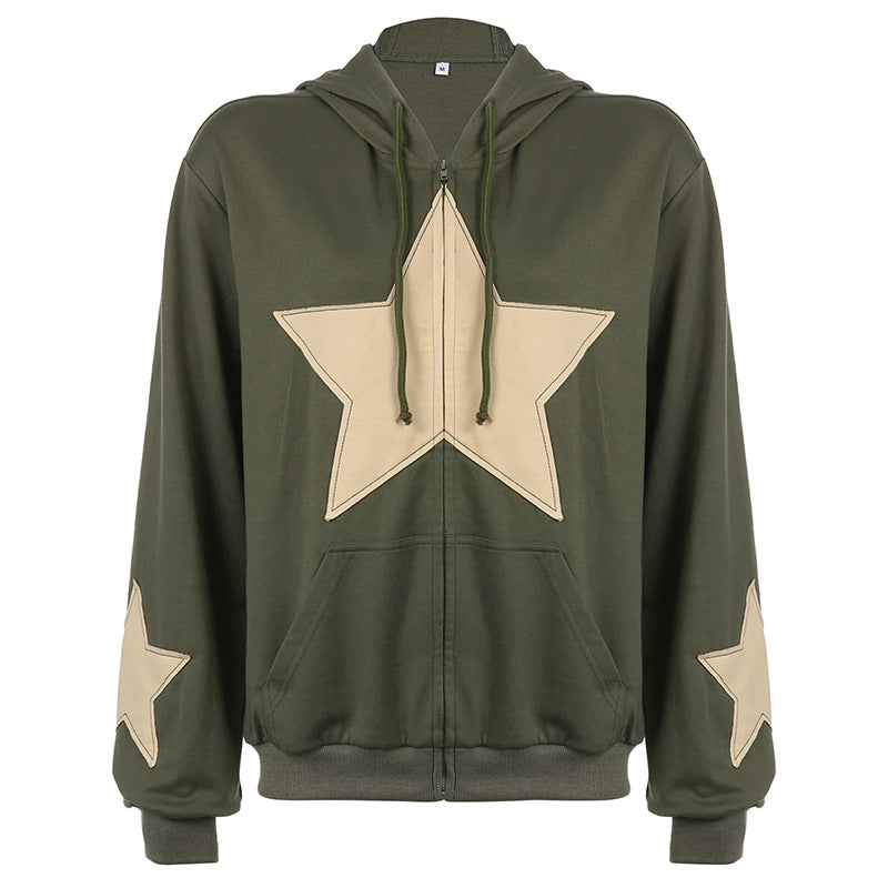 Star Patch Casual Zipper Hoodie