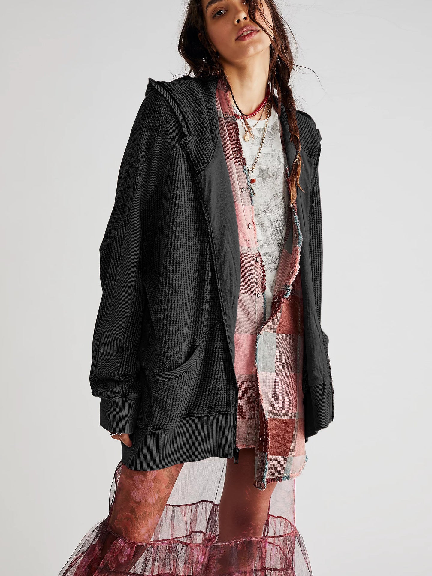 Long Zipper Open Front Cardigan Hoodie