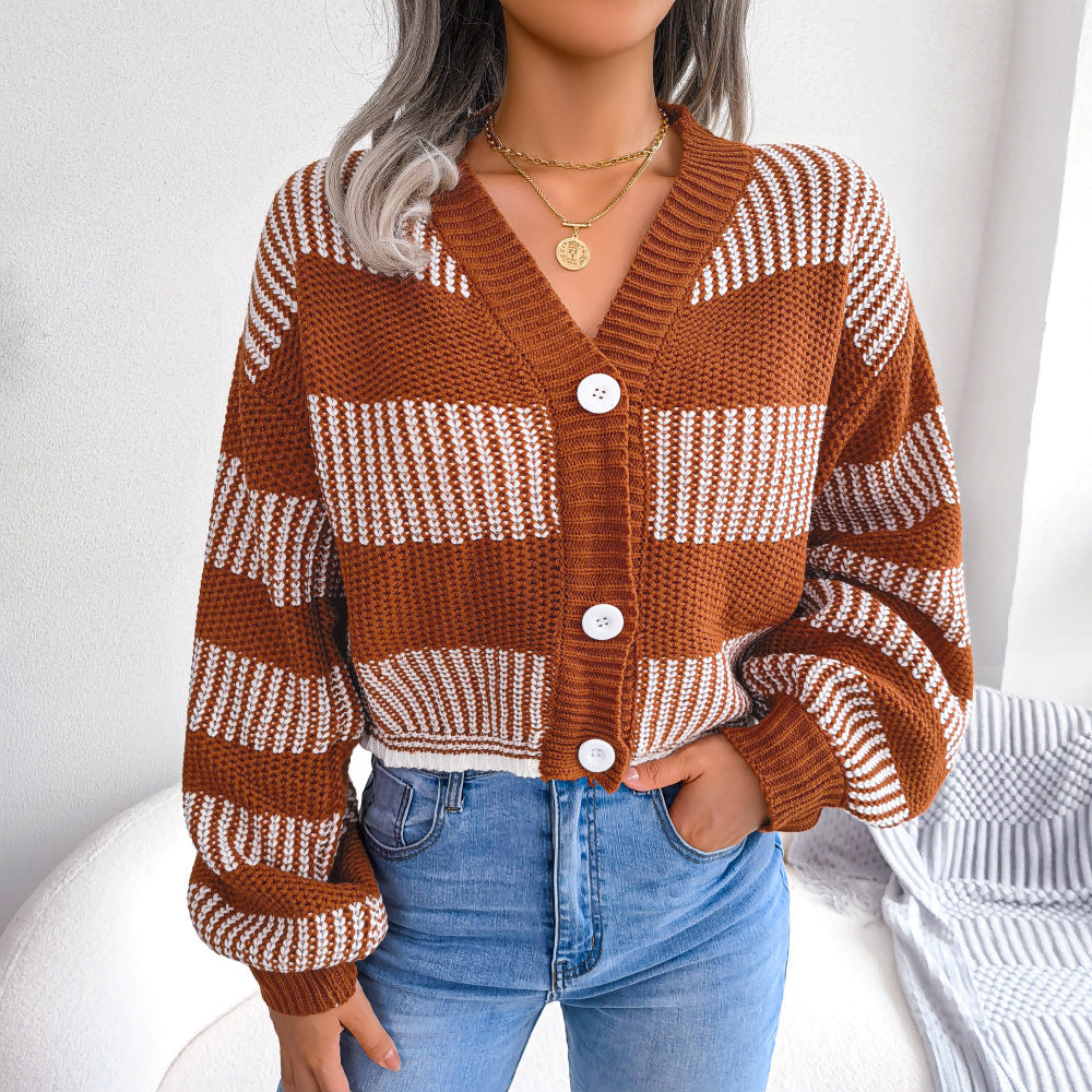 Elegant Lantern Sleeve Striped Sweater Cardigan
