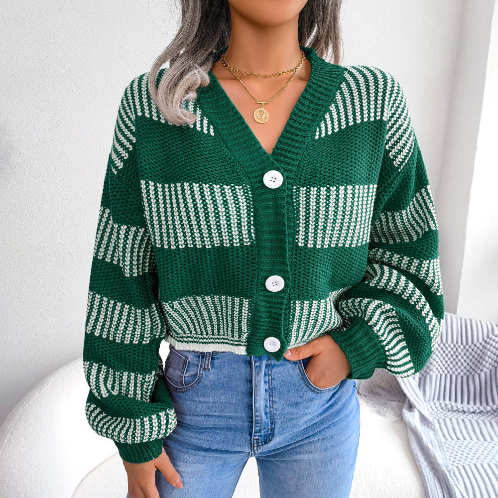 Elegant Lantern Sleeve Striped Sweater Cardigan