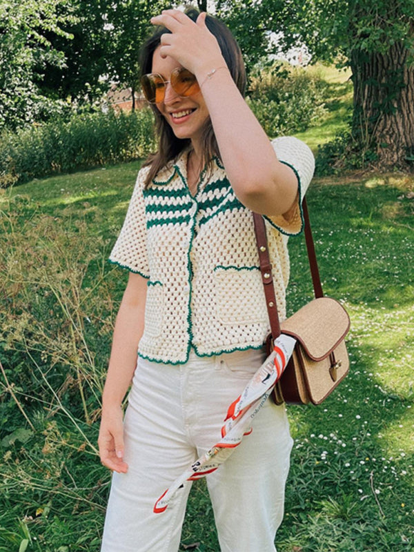 Casual Striped Lapel Hollow Short Sleeve Top