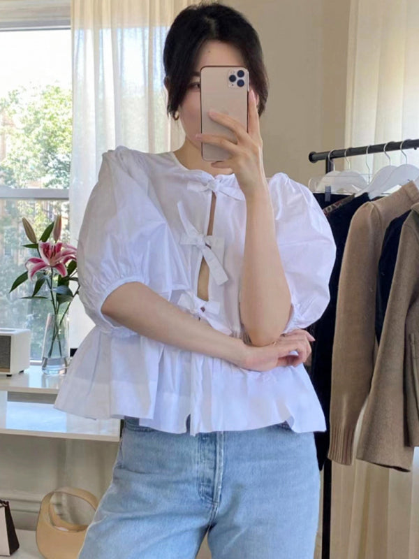 Fashionable Tie Puff Sleeve Shirt