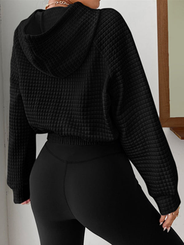 Casual Loose Long Sleeve Patchwork Waffle Hoodie