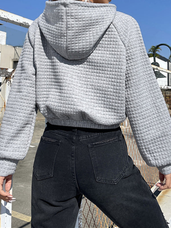 Casual Loose Long Sleeve Patchwork Waffle Hoodie