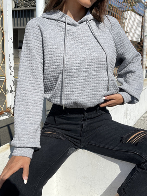 Casual Loose Long Sleeve Patchwork Waffle Hoodie