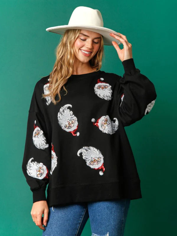 Christmas Santa Printed Sequined Sweatshirt