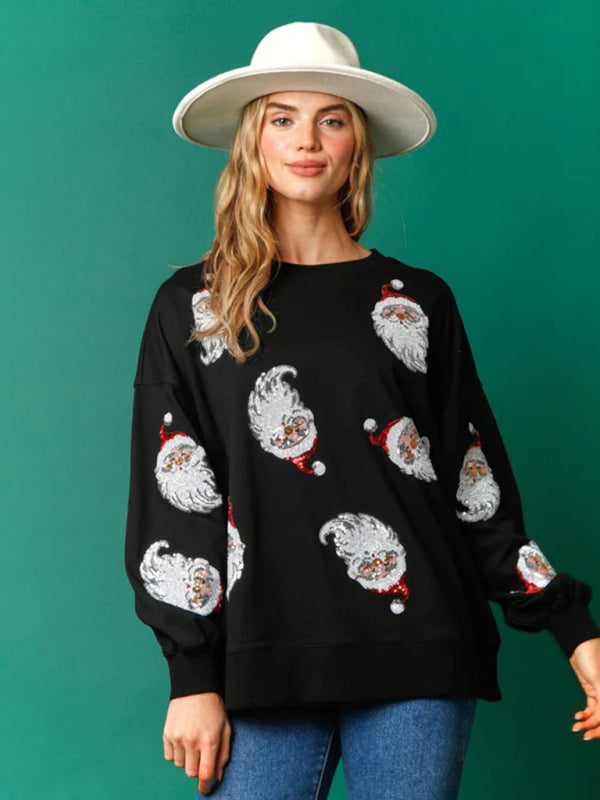 Christmas Santa Printed Sequined Sweatshirt